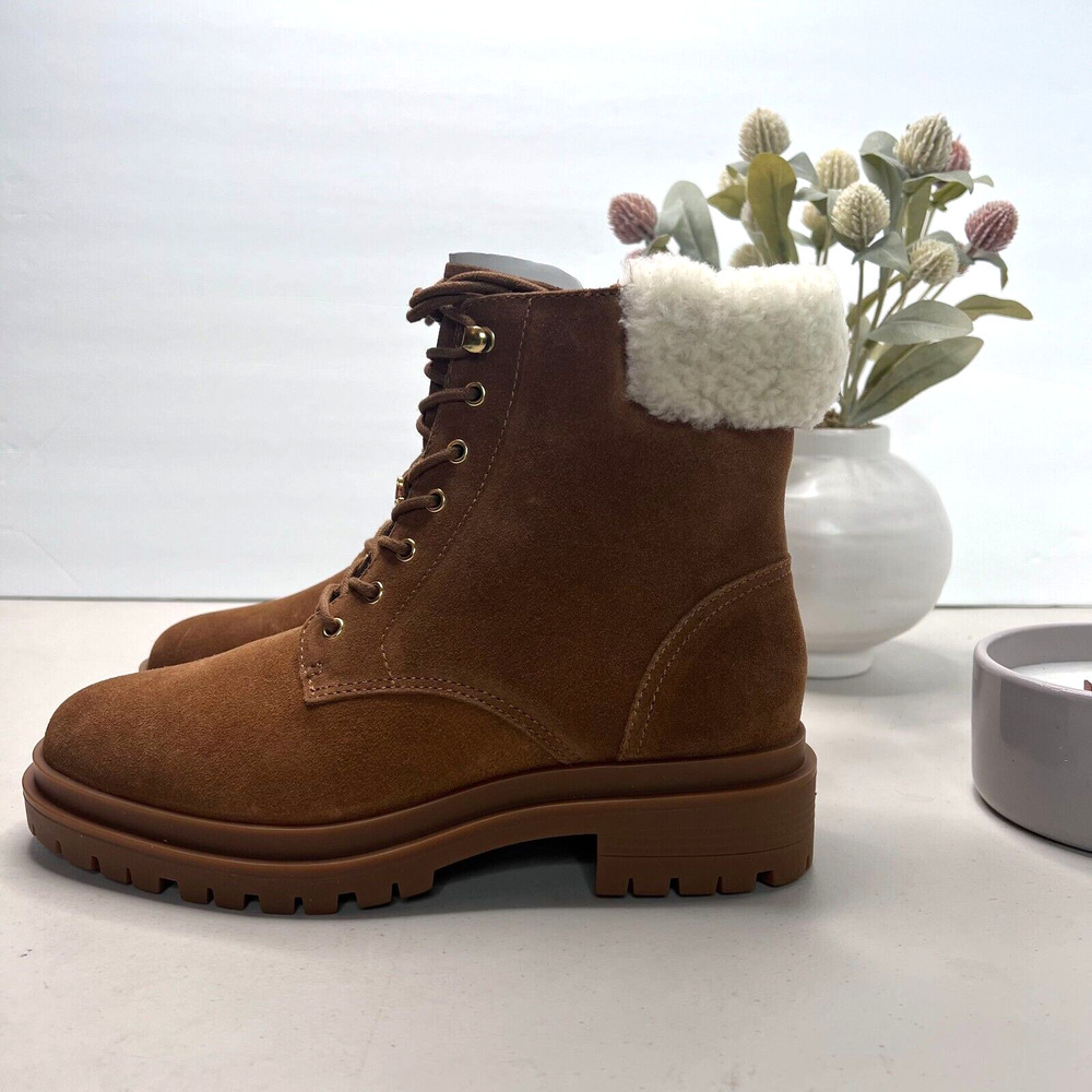 Ralph Lauren Carlee Water Resistant Suede Boots Shearling Brown Women 7.5 NWOB